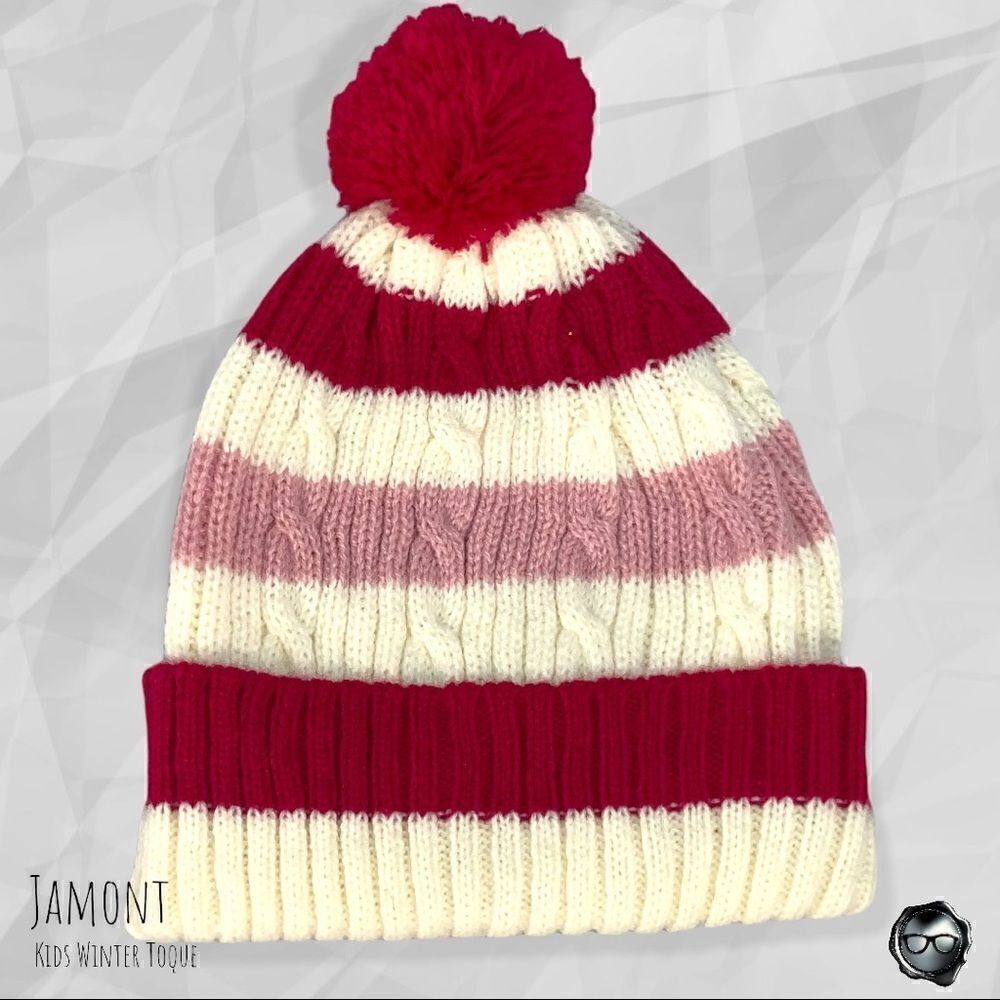 KIDS CABLE KNIT POM POM BEANIE FOR IN CANDY CANE STRIPE YOUTH ONE SIZE